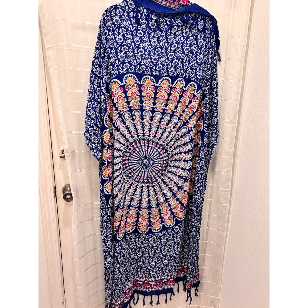 Boho Blue Mandala Sequin Wrap Scarf Oversized Floral Elephant Fringe Shawl